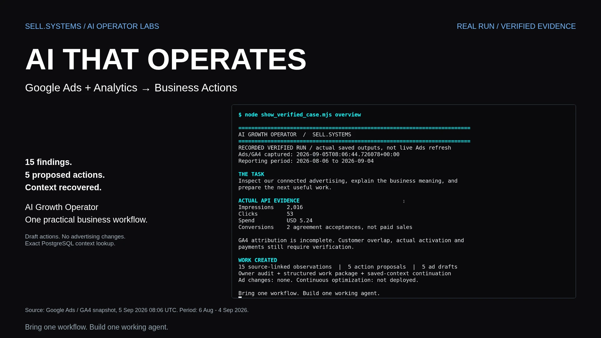 Video preview of AI Growth Operator showing campaign evidence and recovered agent context